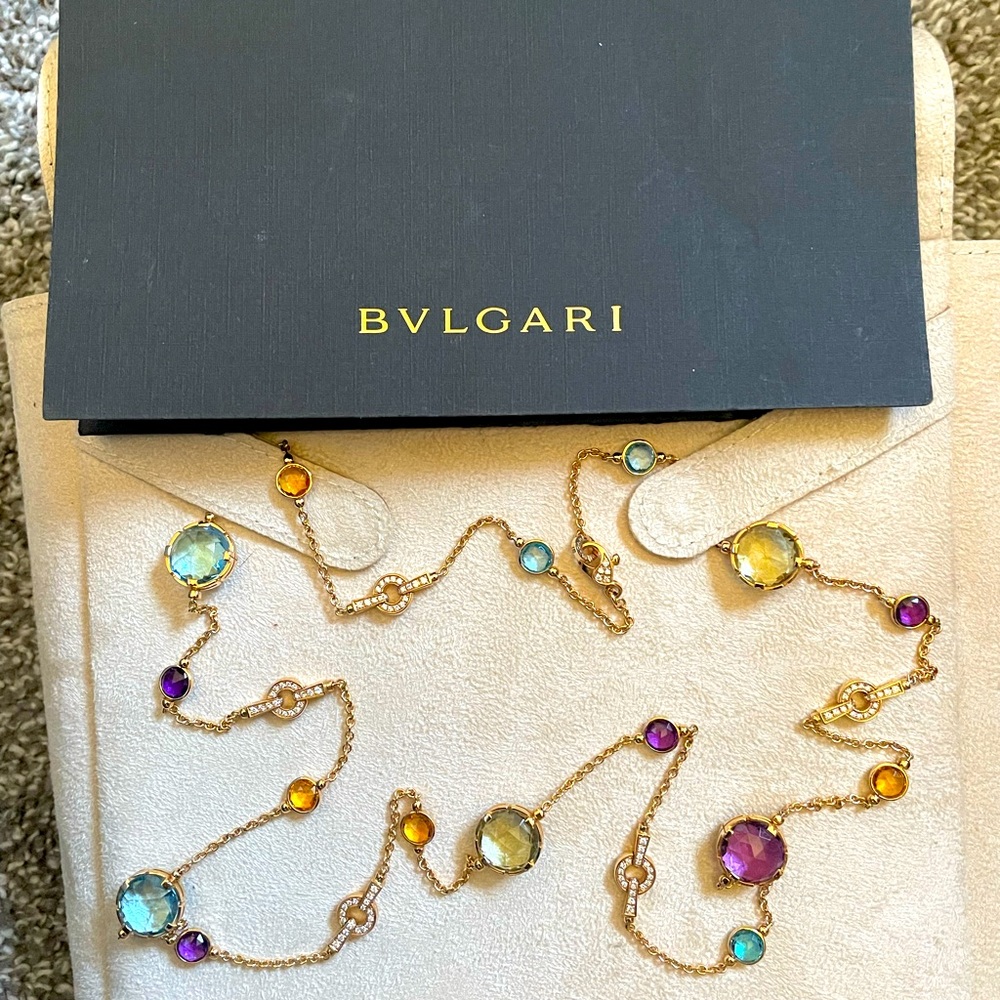 Blvgari Rose Gold Multiple Diamond and Gemstines sautoir long Necklace